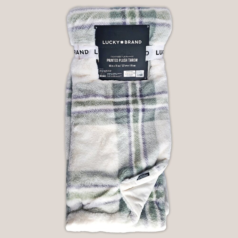 NWT Lucky Brand Print Plush Throw Faux Rabbit Fur 50x70 Green Plaid Blanket